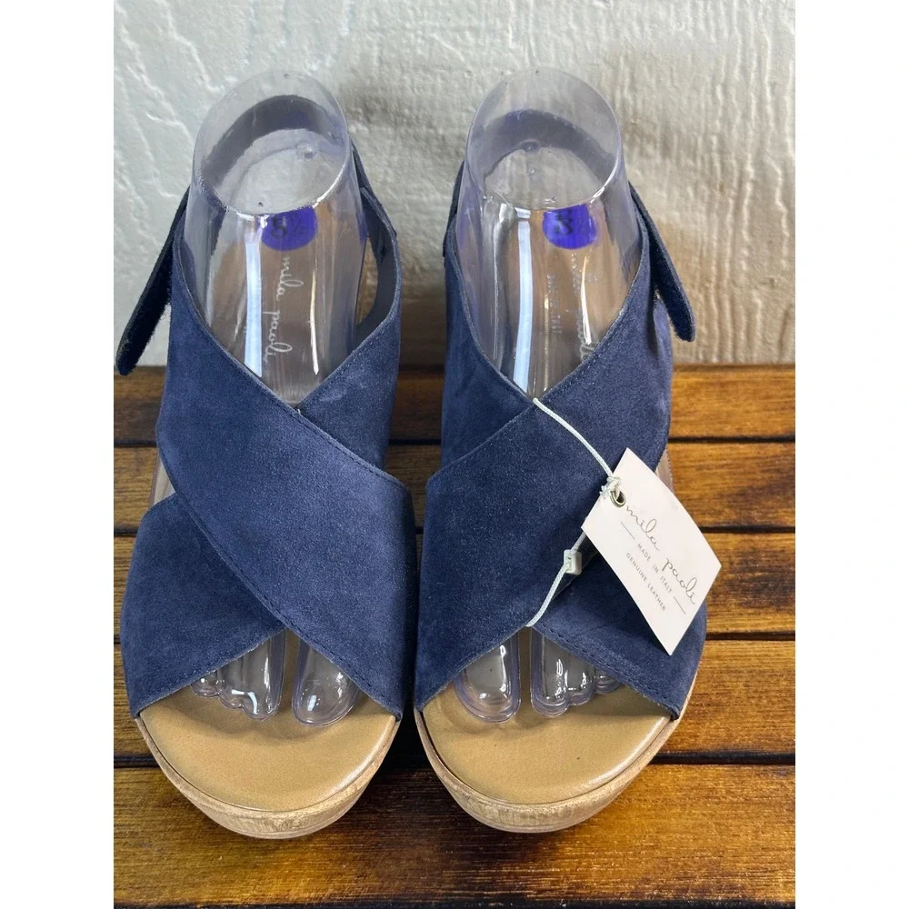 Mila Paoli‎ Wedge Women's 8.5 Sandals Suede Leather Adjustable Strap NWT